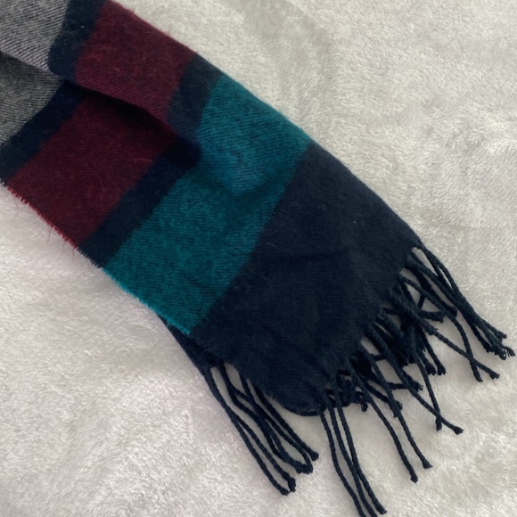 Wide colour black navy, green, and red fringe scarf - Picture 9 of 16